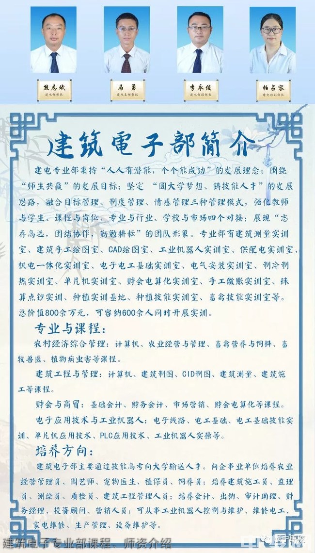 四川省長(zhǎng)寧縣職業(yè)技術(shù)學(xué)校(長(zhǎng)寧縣職校)建筑電子專業(yè)部課程、師資介紹