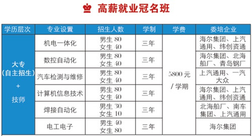 青島海灣理工專修學院高薪就業(yè)冠名班都有什么專業(yè)？